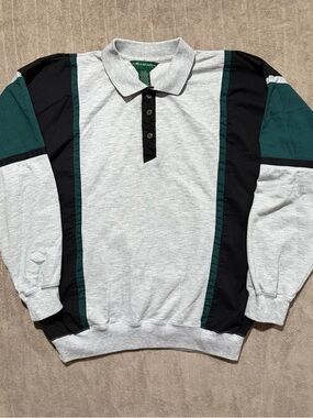 Vintage 80s 90s Hill & Archer Men’s XL Gray Green Black Striped Polo Shirt